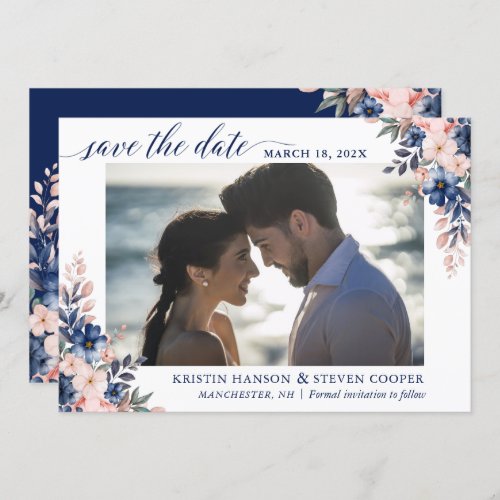 Navy Blue Peach Floral Photo Save The Date Card