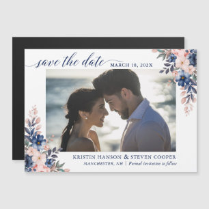 Navy Blue Peach Floral Photo Save The Date Magnet