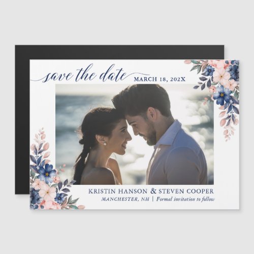 Navy Blue Peach Floral Photo Save The Date Magnet