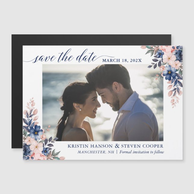 Navy Blue Peach Floral Photo Save The Date Magnet (Front/Back)