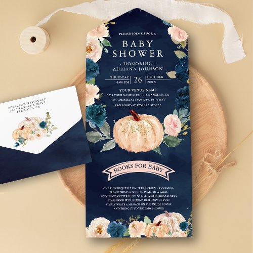 Navy Blue Peach Floral Pumpkin Baby Shower All In One Invitation
