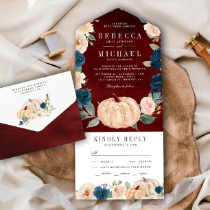 Navy Blue Peach Floral Pumpkin Burgundy Wedding All In One Invitation