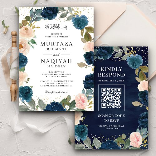 Navy Blue Peach Floral QR Code Muslim Wedding Invitation