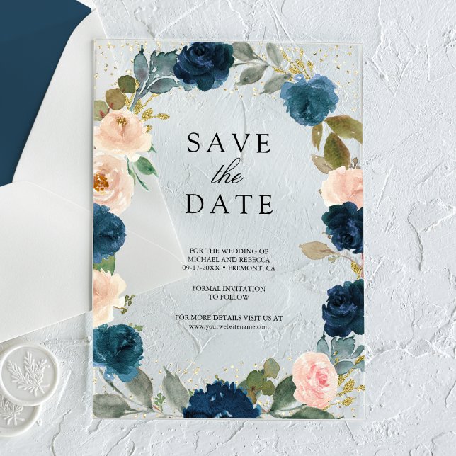Navy Blue Peach Floral Wedding Save the Date (Creator Uploaded)