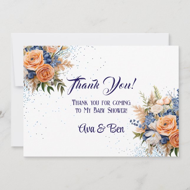  Navy Blue Peach Floral Wedding Thank You Cards (Front)