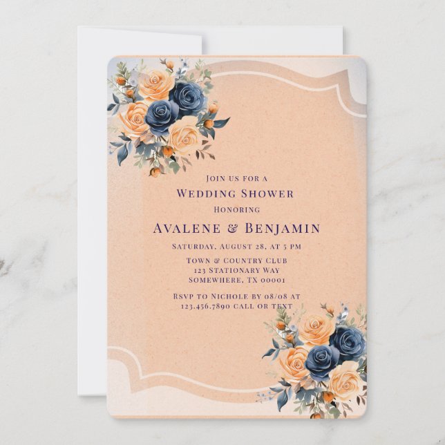 Navy Blue Peach Painted Floral Wedding Shower Invitation (Front)
