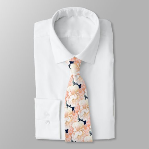 Navy Blue Peach Peony Floral Pattern Wedding Neck Tie