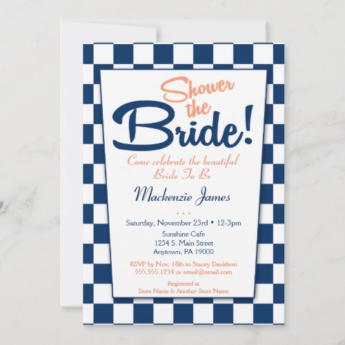 Navy Blue Peach Retro 50s Bridal Shower Invitation