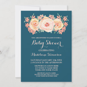 Navy Blue Peach Watercolor Floral Baby Shower Invitation