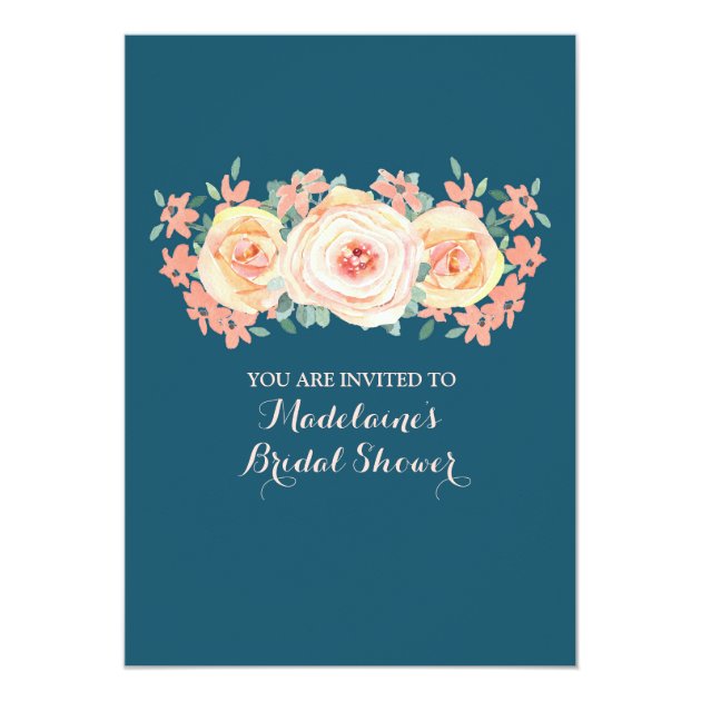 Navy Blue Peach Watercolor Floral Bridal Shower Invitation