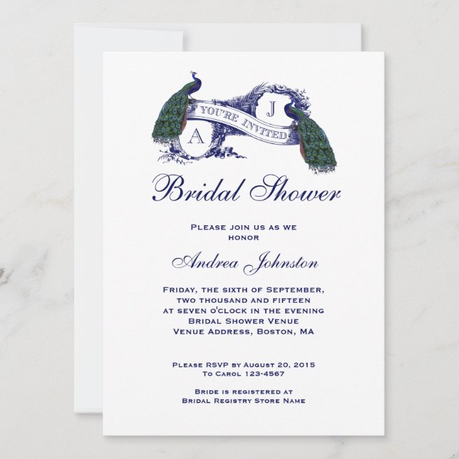 Navy Blue Peacock Bridal Shower Invitation (Front)