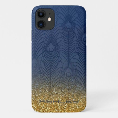 Navy Blue Peacock feather Glitter Gold Personalize iPhone 11 Case