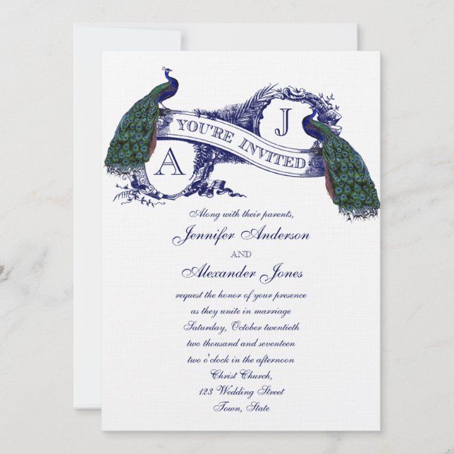 Navy Blue Peacock Wedding Invitation (Front)