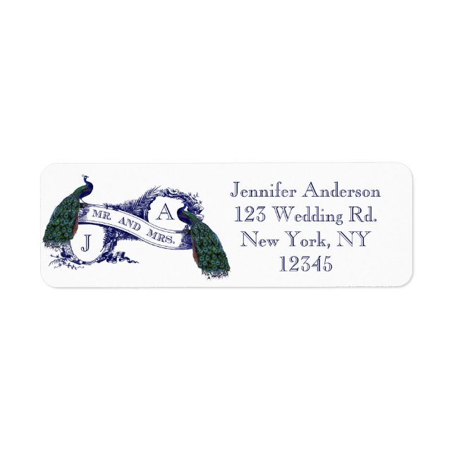 Navy Blue Peacock Wedding Label (Front)