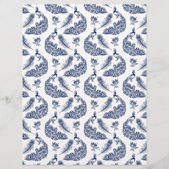 Navy Blue Peacocks Arts & Craft Stationery Paper (Front)