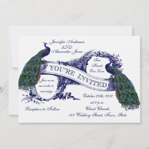 Navy Blue Peacocks Vintage Wedding Invitation