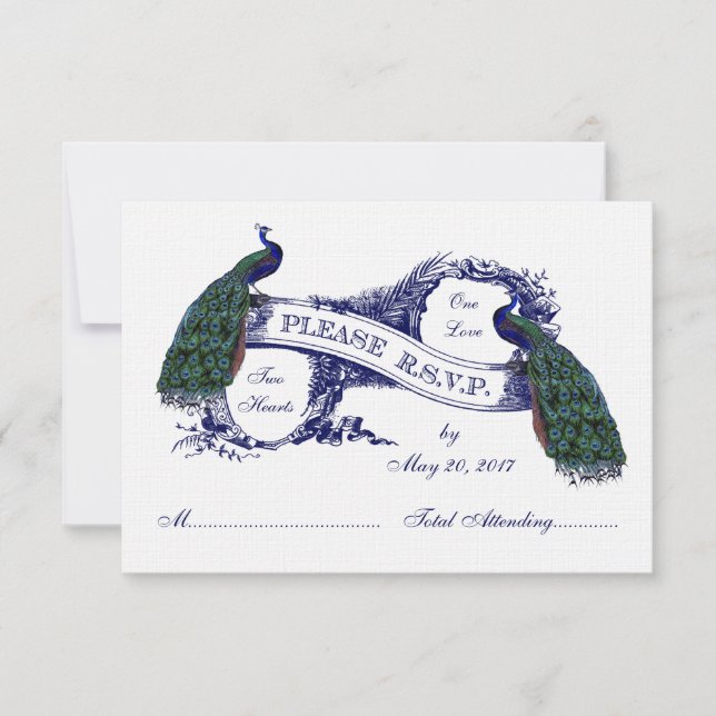Navy Blue Peacocks Vintage Wedding RSVP (Front)