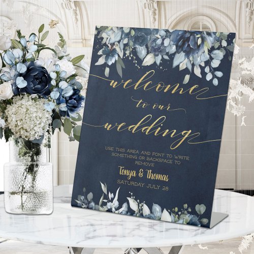 Navy Blue Peonies Gold Calligraphy Welcome Wedding Pedestal Sign