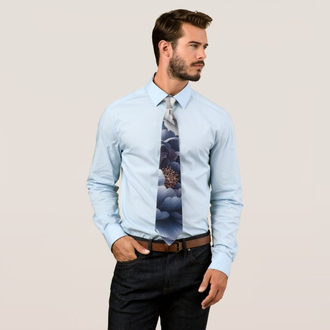 Navy Blue Peonies & White Rose Wedding Men’s Neck Tie (In Situ)