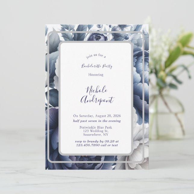 Navy Blue Peonies & White Roses Bachelorette Party Invitation (Standing Front)