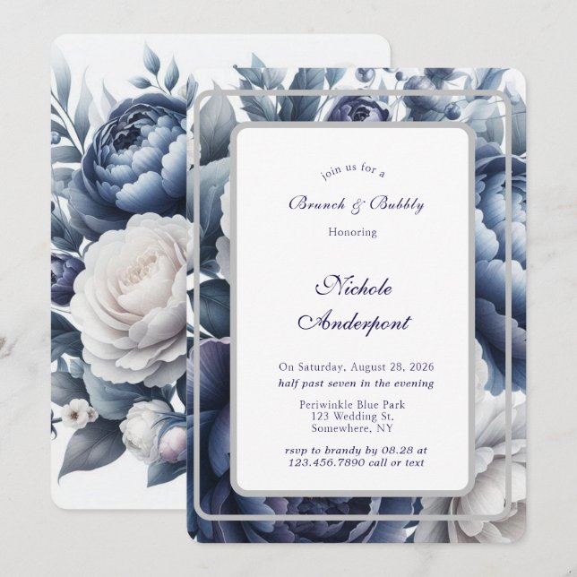 Navy Blue Peonies White Roses Brunch and Bubbly Invitation (Front/Back)