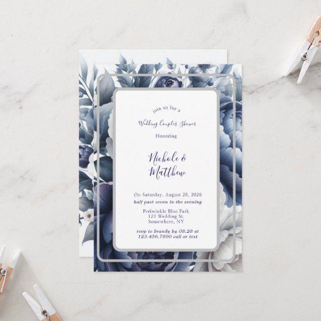 Navy Blue Peonies & White Roses Wedding Couples  Invitation (Front/Back In Situ)