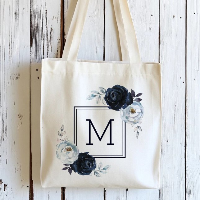 Navy Blue Peony Floral Monogram  Tote Bag (Creator Uploaded)