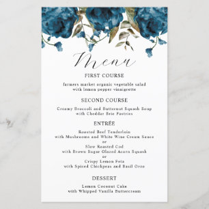 Navy Blue Peony Flower Wedding Dinner Menu