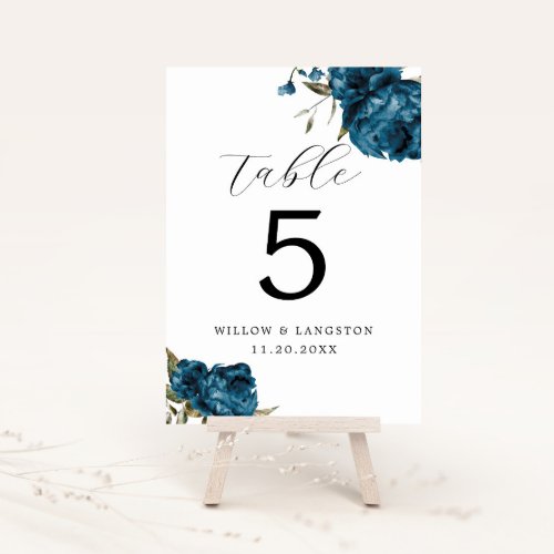 Navy Blue Peony Flower Wedding Table Number