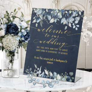 Navy Blue Peony & Gold Fancy Font Calligraphy Pedestal Sign