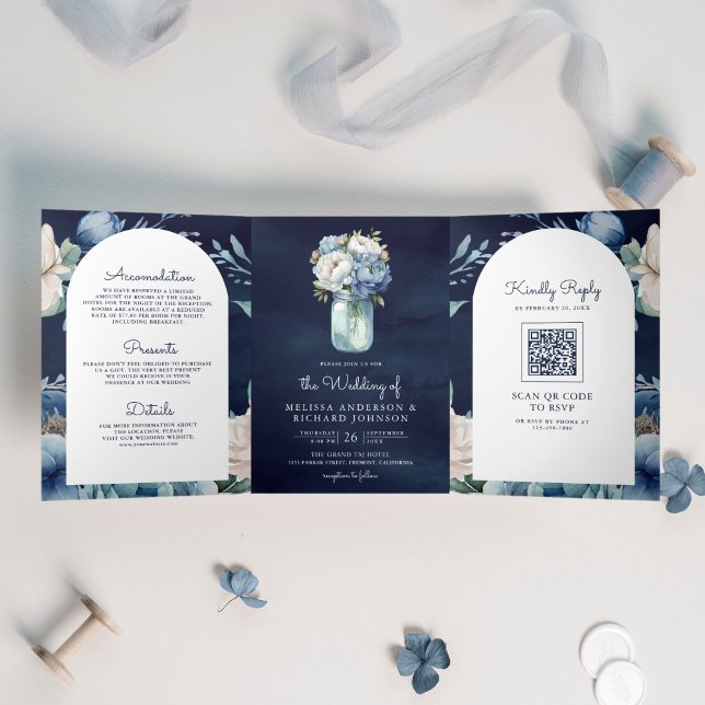 Navy Blue Peony Mason Jar QR Code Wedding Tri-Fold Invitation (Creator Uploaded)