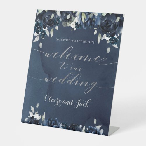 Navy Blue Peony Silver Calligraphy Welcome Wedding Pedestal Sign