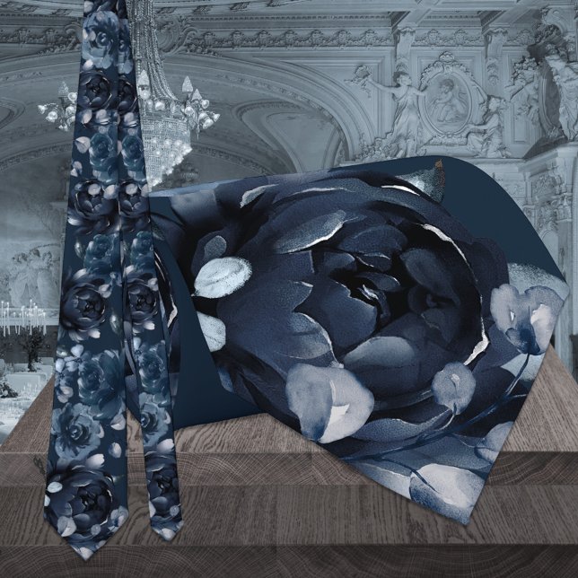 Navy Blue Peony Silver Eucalyptus Garden Wedding Neck Tie (Creator Uploaded)