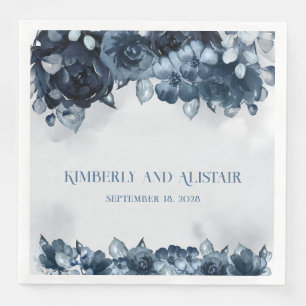 Navy Blue Peony Silver Eucalyptus Greenery Wedding Paper Dinner Napkins