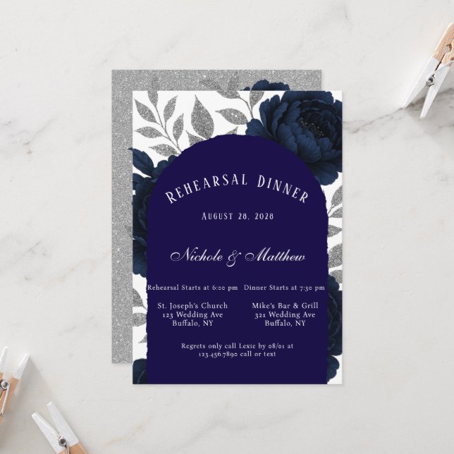 Navy Blue Peony & Silver Leaves Rehearsal Dinner Invitation (Front/Back In Situ)