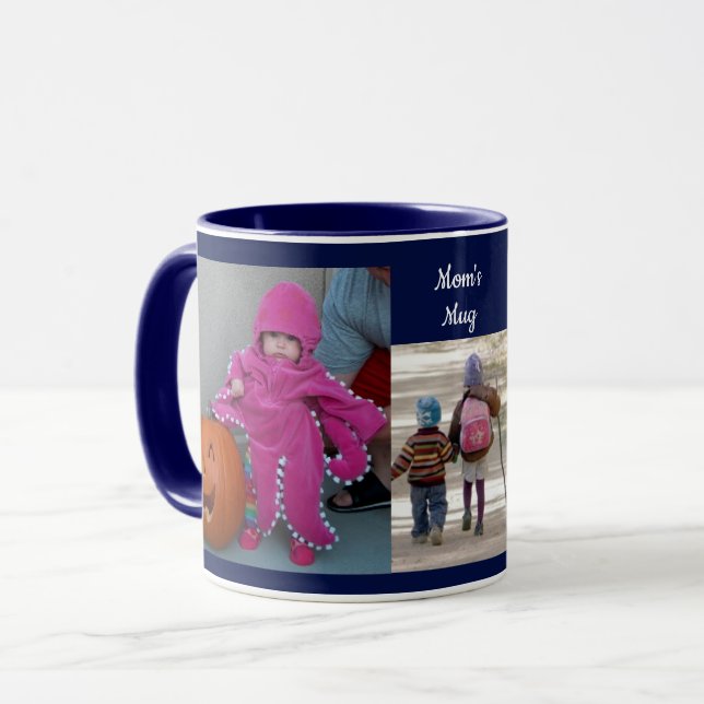 Navy Blue Personalize 3 PHOTO TEMPLATE Gift Coffee Mug (Front Left)