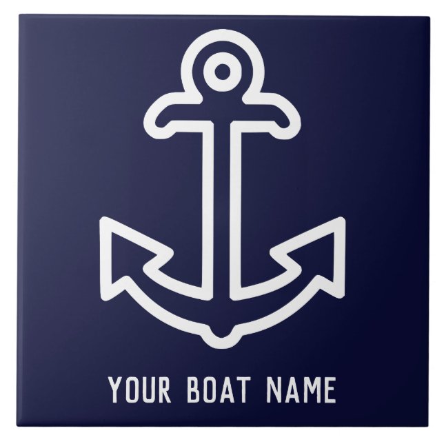 Navy Blue Personalized Boat Anchor Ceramic Tile (Front)