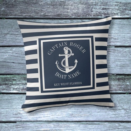 Navy Blue Personalized Captain Nautical Anchor Throw Pillow