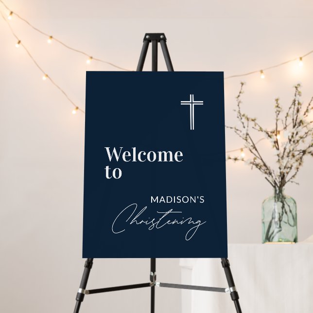 Navy Blue Personalized Christening Welcome Sign (In Situ (Stand))