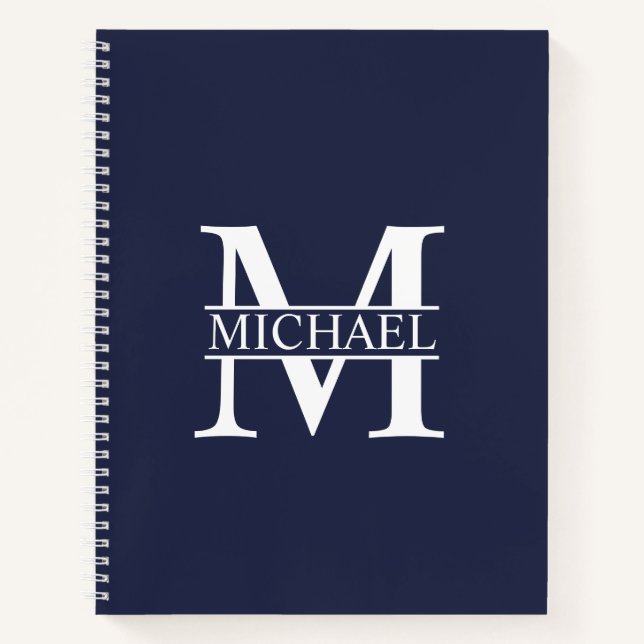 Navy Blue Personalized Elegant Monogram and Name Notebook (Front)