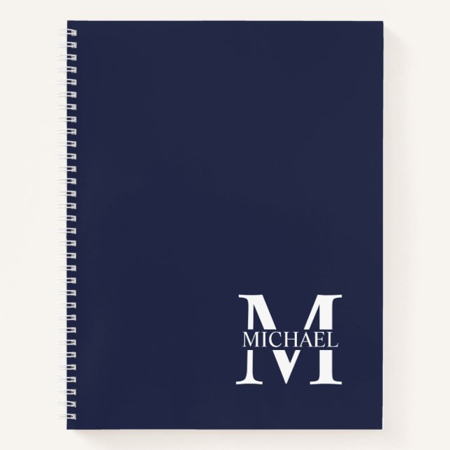 Navy Blue Personalized Elegant Monogram and Name Notebook (Front)