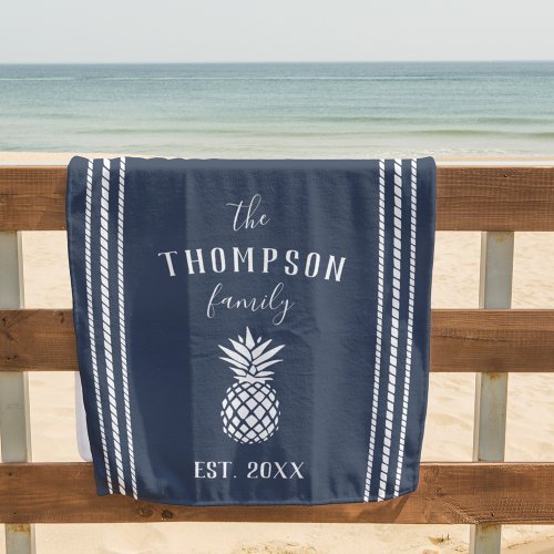 Navy Blue Personalized Family Name Pineapple Beach Towel