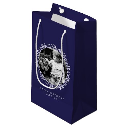 Navy Blue Personalized Fancy Swirls Photo Frame Small Gift Bag