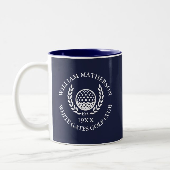Navy Blue Personalized Golf Club Name Two-Tone Coffee Mug (Left)