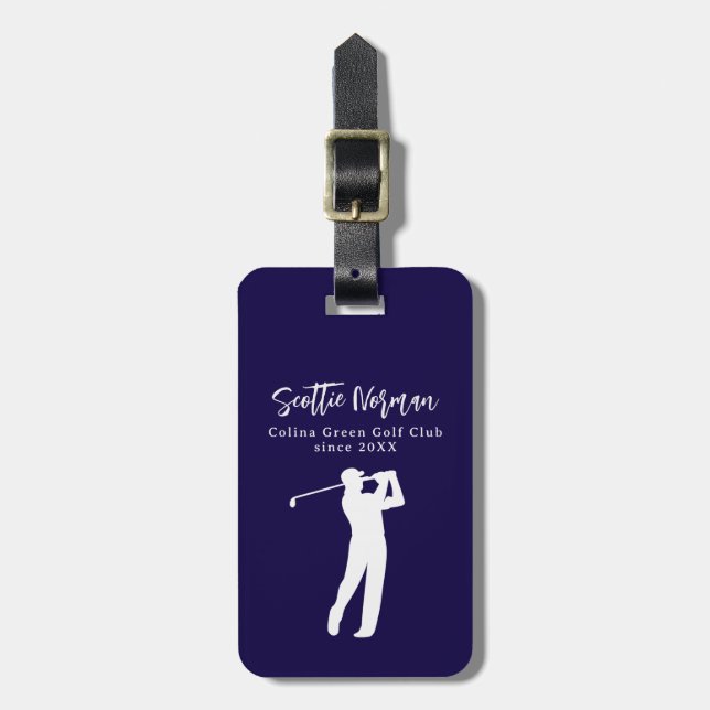 Navy Blue Personalized Golfer Name Luggage Tag (Front Vertical)