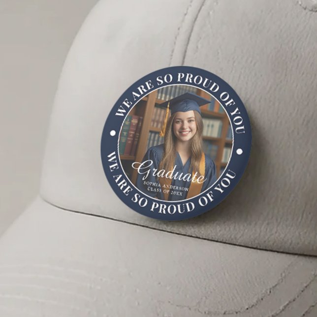 Navy Blue Personalized Graduate Photo Graduation Button (Creator Uploaded)