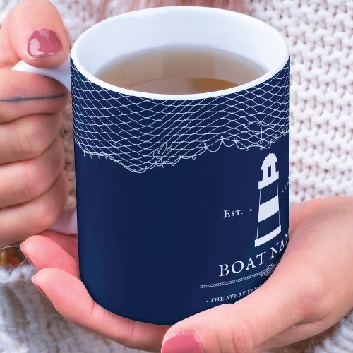 Navy Blue Personalized lighthouse Boat Name Mug