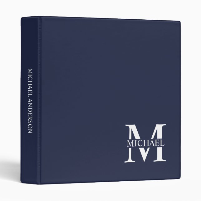 Navy Blue Personalized Monogram and Name 3 Ring Bi Binder (Front/Spine)