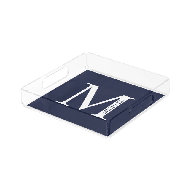 Navy Blue Personalized Monogram and Name Acrylic Tray (Angled)