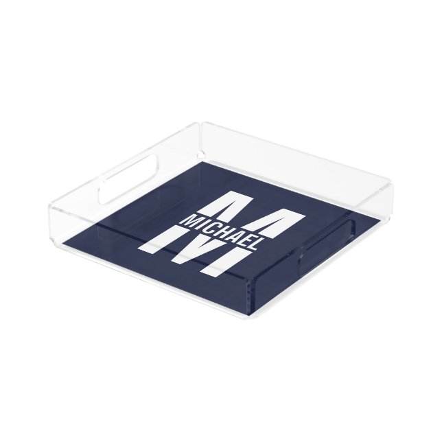 Navy Blue Personalized Monogram and Name Acrylic Tray (Angled)